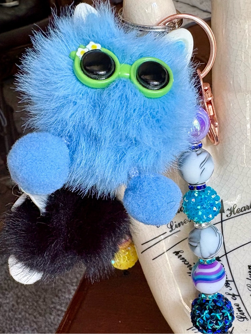 Plush Blue Pom-Pom bag charm with Beaded Charm